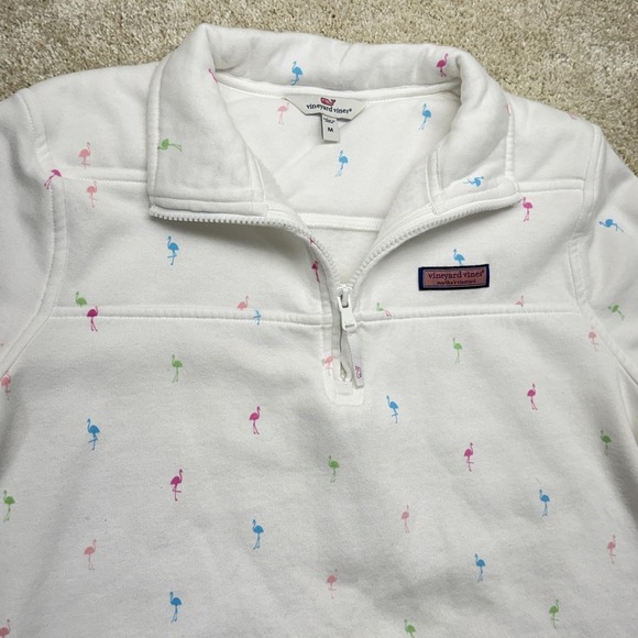 Vineyard Vines Shep Shirt Sweatshirt Womens Medium White Flamingo Print 1/4 Zip - Picture 7 of 16
